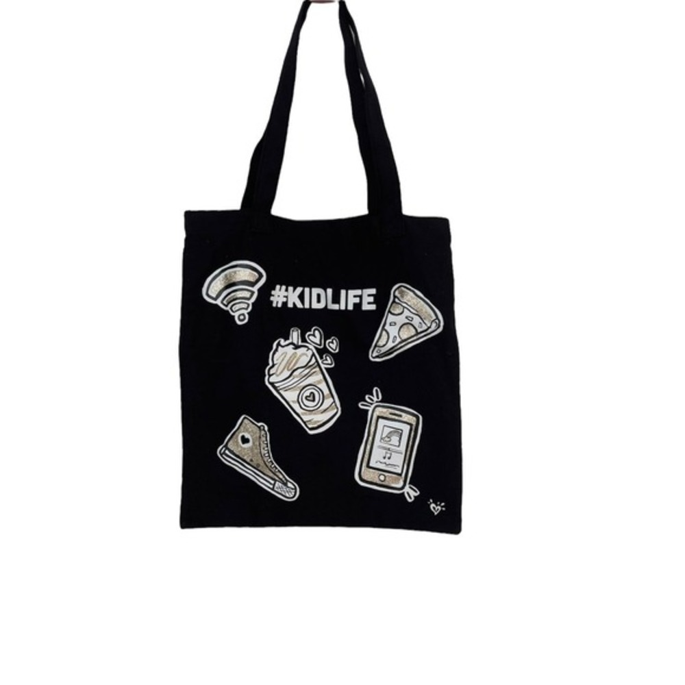 Justice Black Canvas Tote Bag KidLife Glitter Pizza Sneaker Graphic‎ Handbag